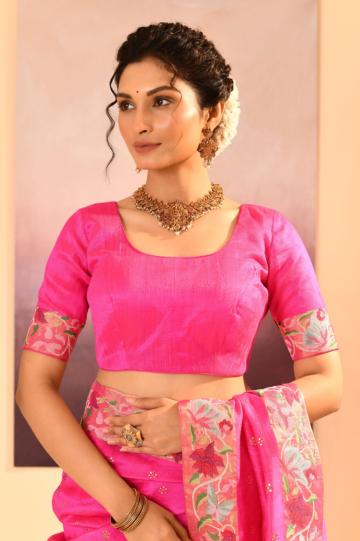 Bright Pink Dupion Silk Foil Printed Saree