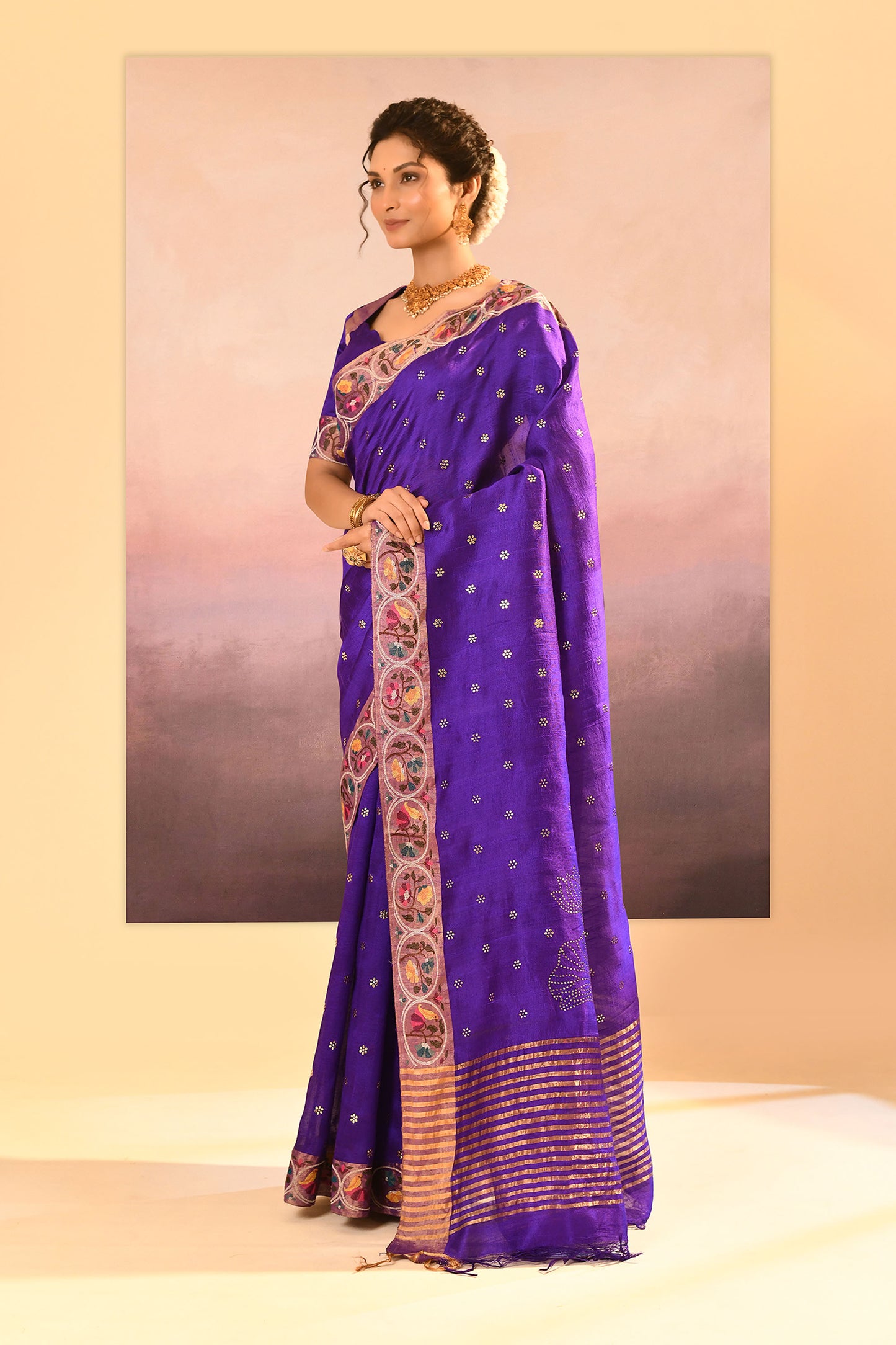 Rich Violet Dupion Silk Foil Printed Saree