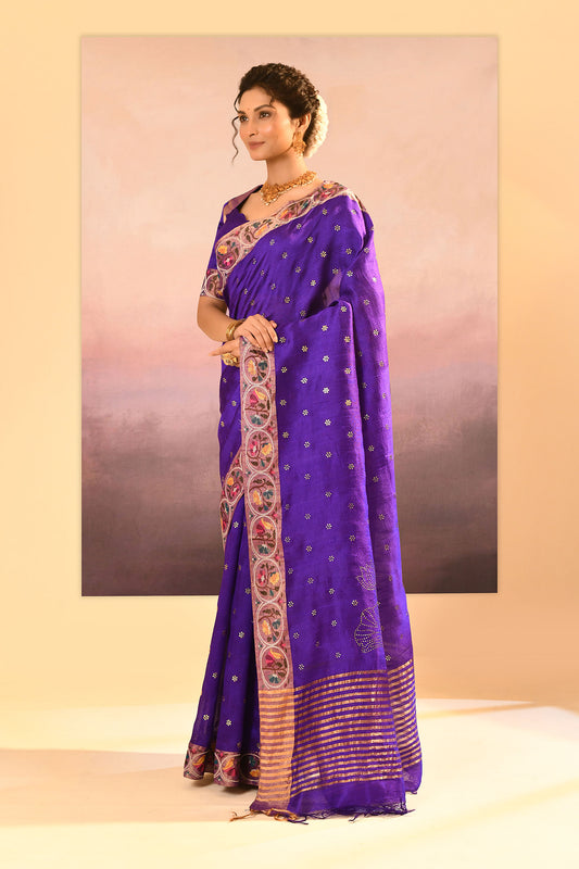 Rich Violet Dupion Silk Foil Printed Saree
