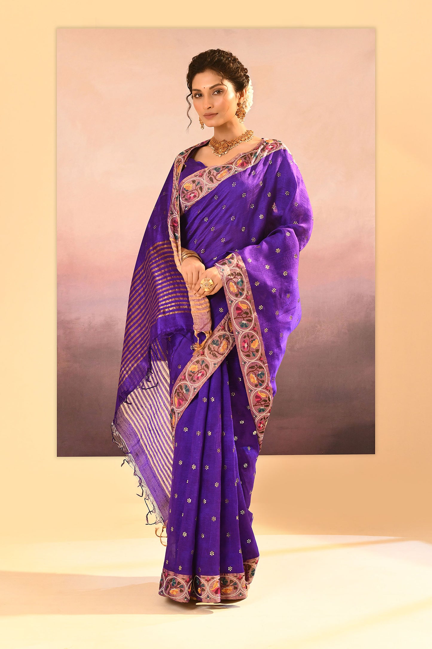 Rich Violet Dupion Silk Foil Printed Saree