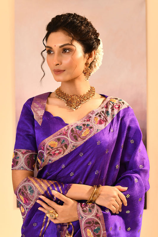 Rich Violet Dupion Silk Foil Printed Saree