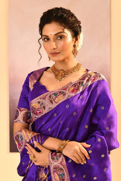 Rich Violet Dupion Silk Foil Printed Saree