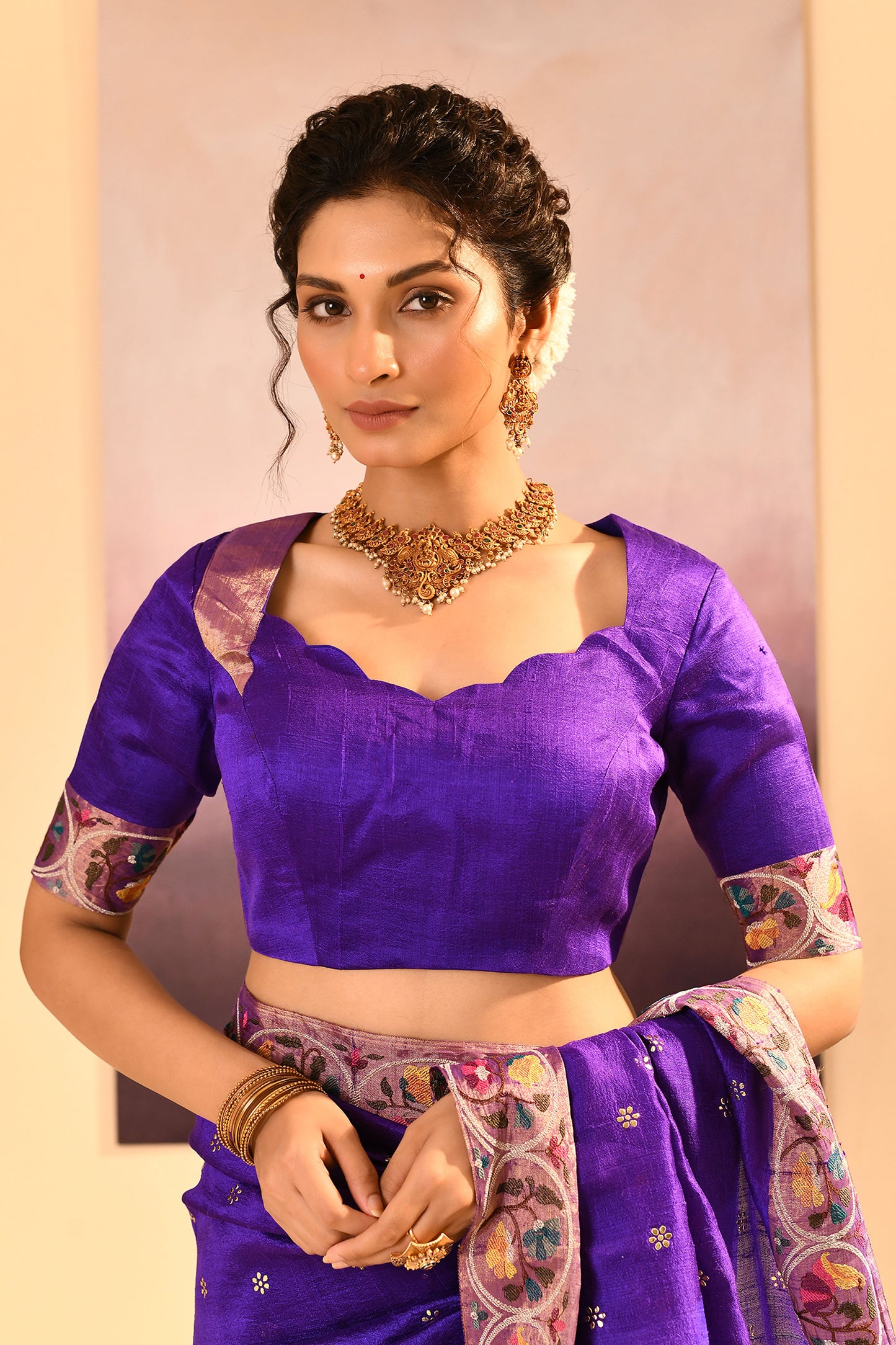 Rich Violet Dupion Silk Foil Printed Saree