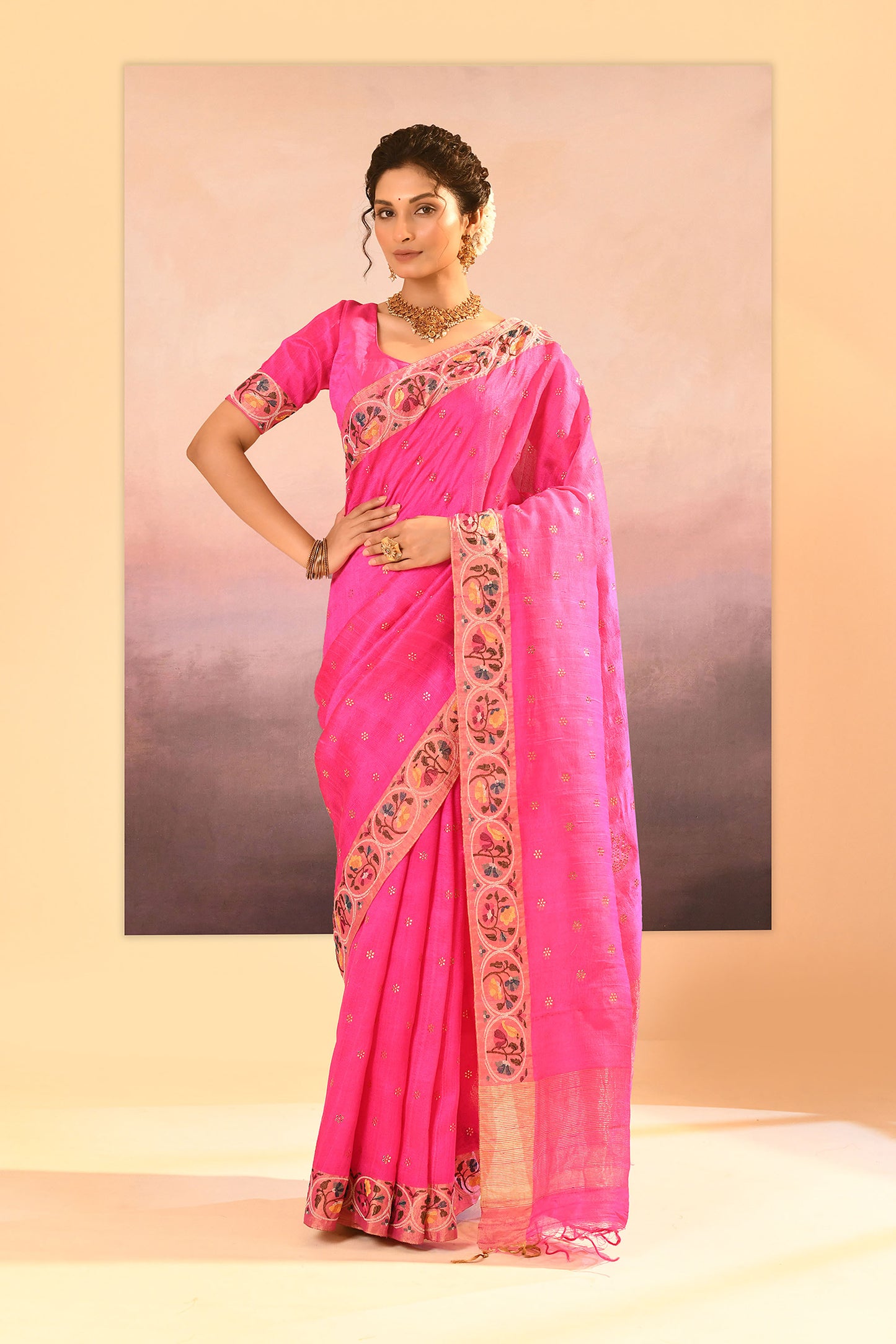 Bright Pink Foil Printed Raw Silk Saree