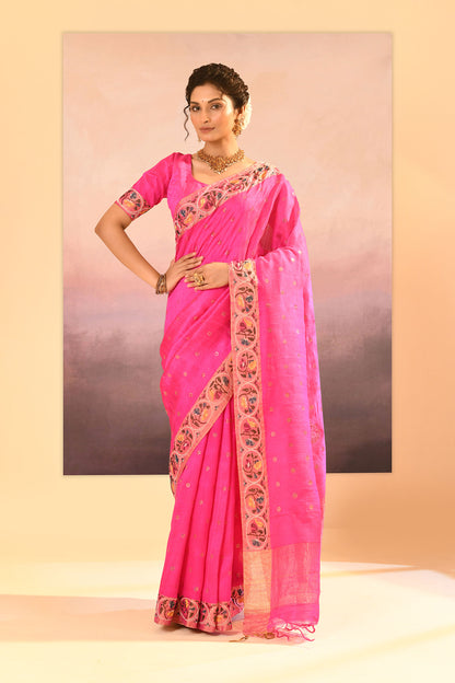 Bright Pink Foil Printed Raw Silk Saree