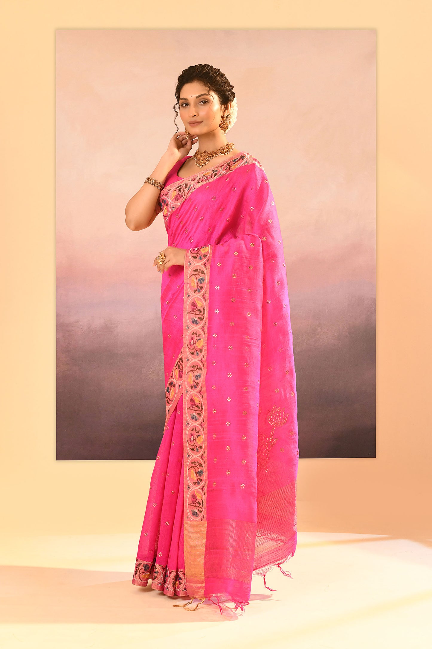 Bright Pink Foil Printed Raw Silk Saree