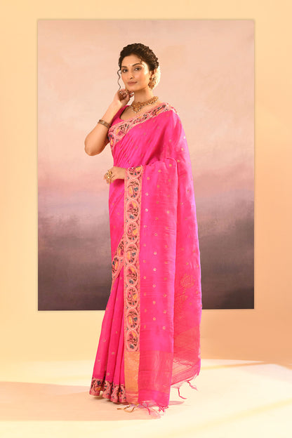 Bright Pink Foil Printed Raw Silk Saree