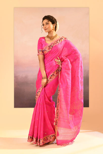 Bright Pink Foil Printed Raw Silk Saree