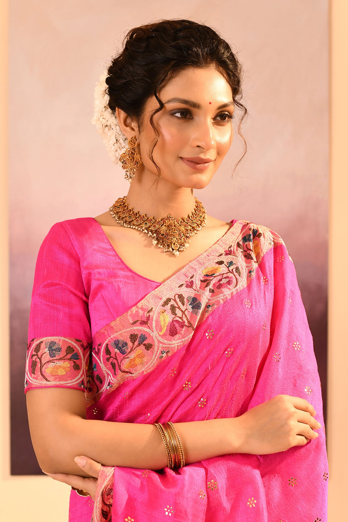 Bright Pink Foil Printed Raw Silk Saree