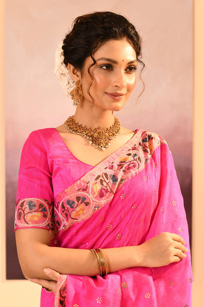 Bright Pink Foil Printed Raw Silk Saree