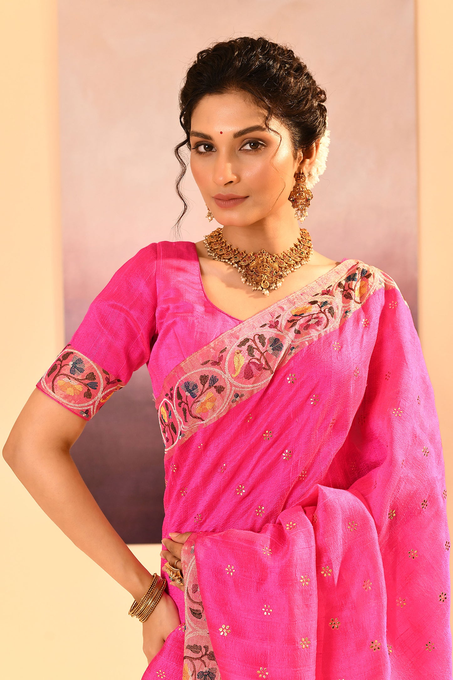 Bright Pink Foil Printed Raw Silk Saree