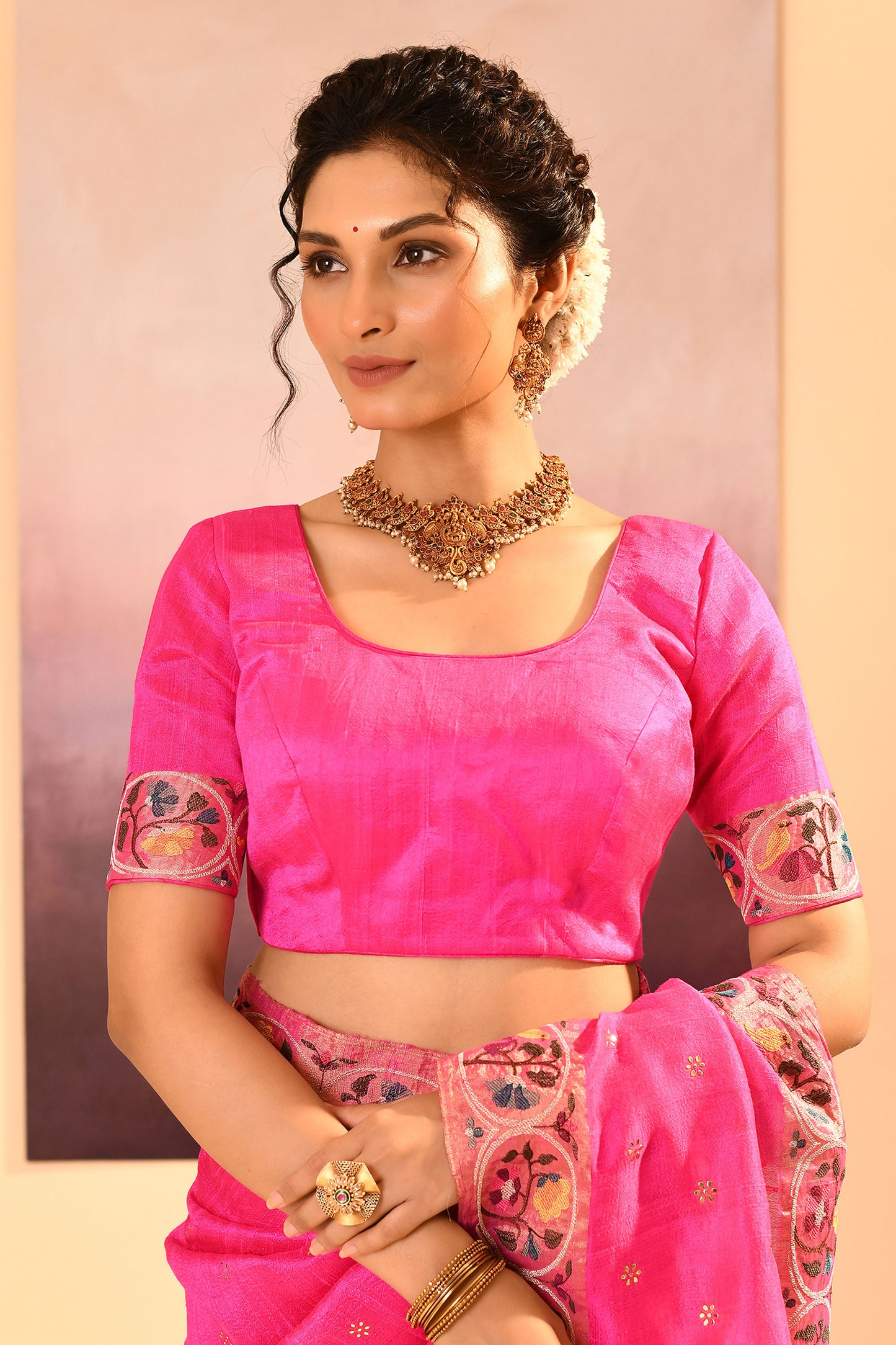 Bright Pink Foil Printed Raw Silk Saree