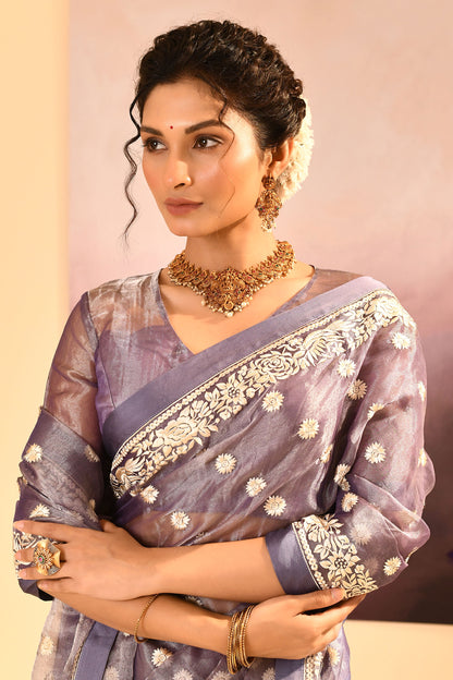 Metallic Dark Purple Tissue Embroidered Saree
