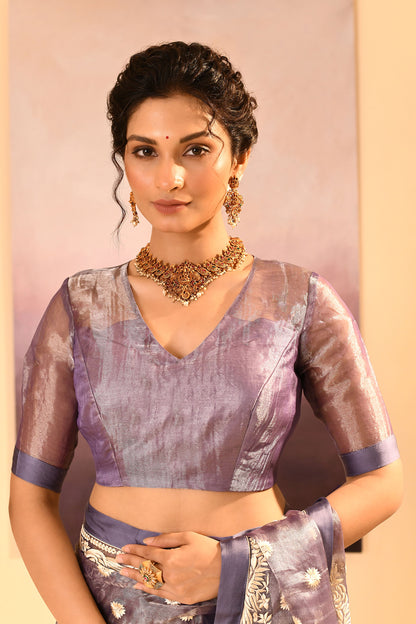 Metallic Dark Purple Tissue Embroidered Saree