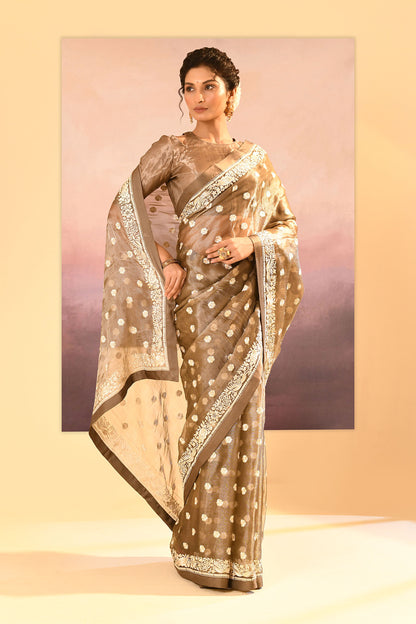 Earthy Green Tissue Embroidered Saree