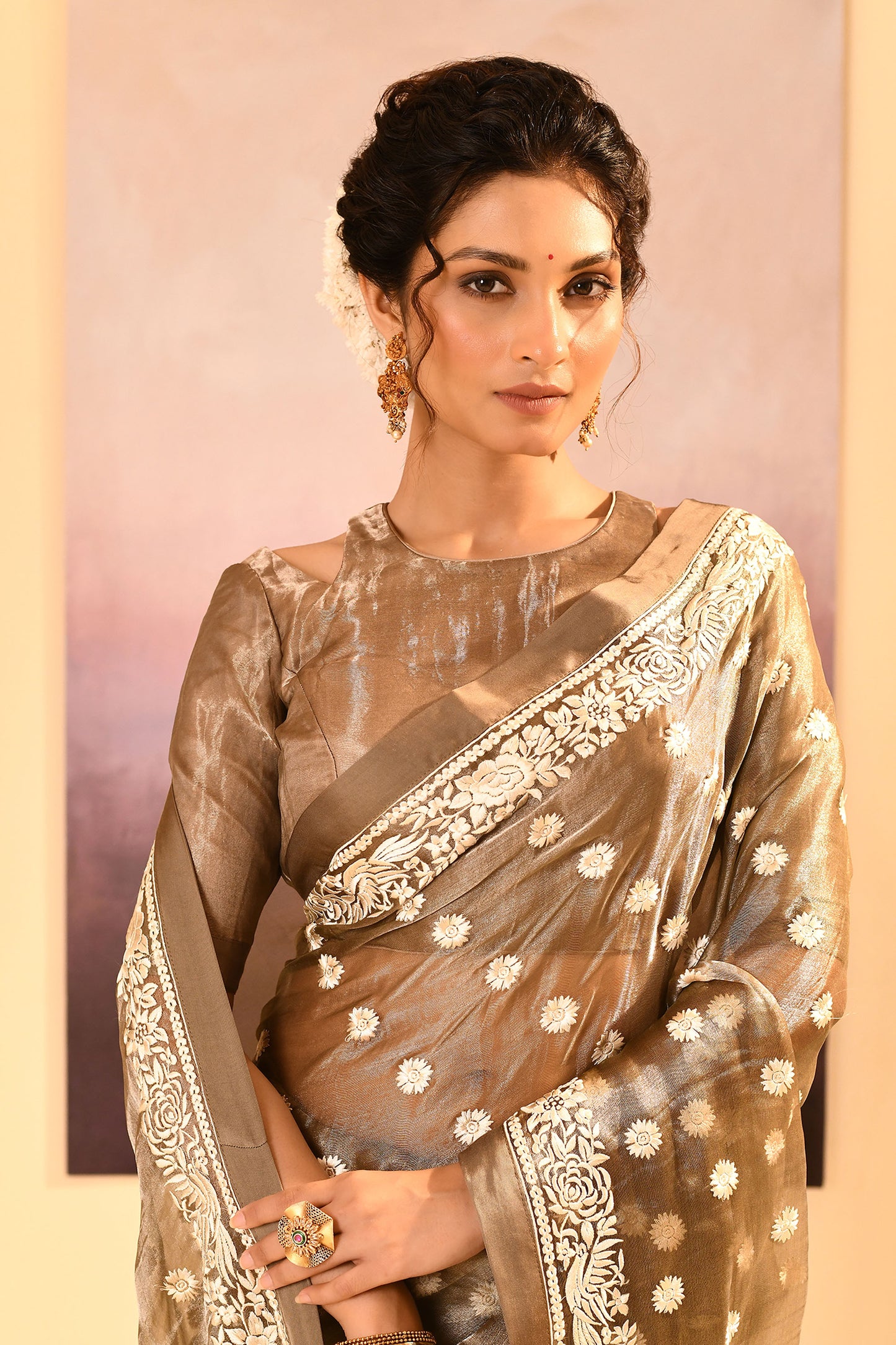 Earthy Green Tissue Embroidered Saree