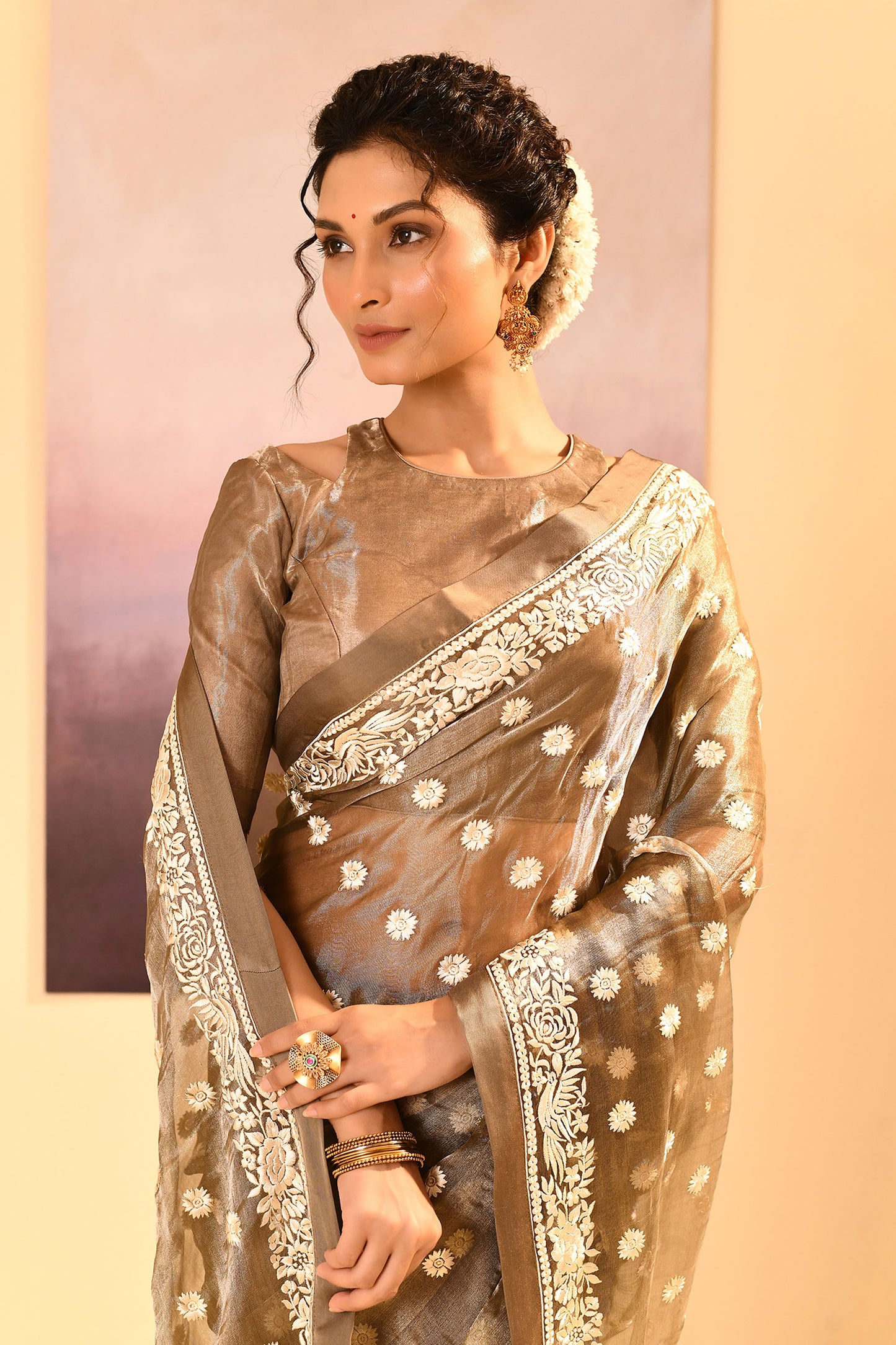 Earthy Green Tissue Embroidered Saree