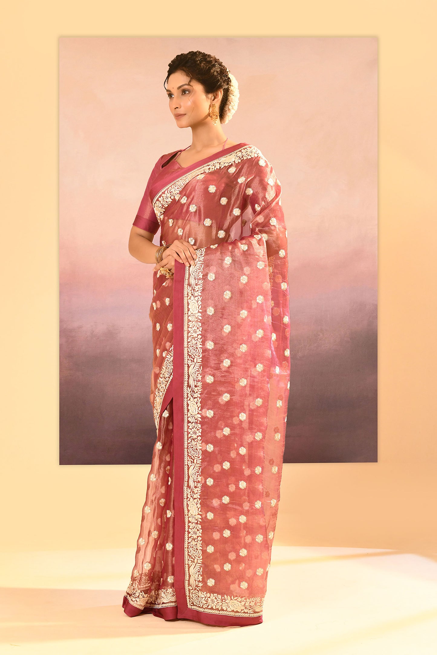 Rosewood Pink Tissue Embroidered Saree