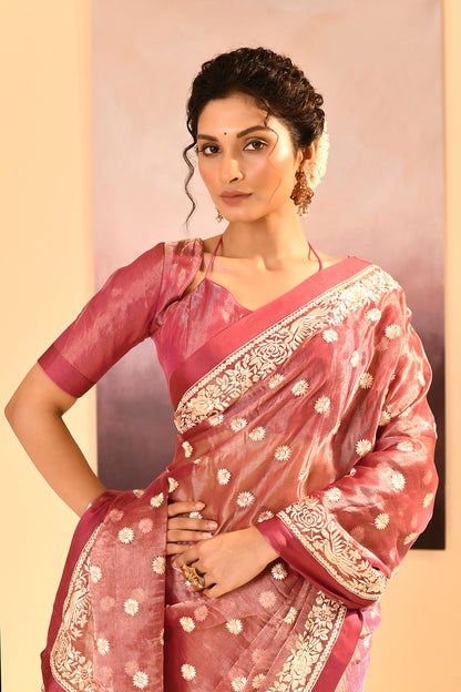 Rosewood Pink Tissue Embroidered Saree