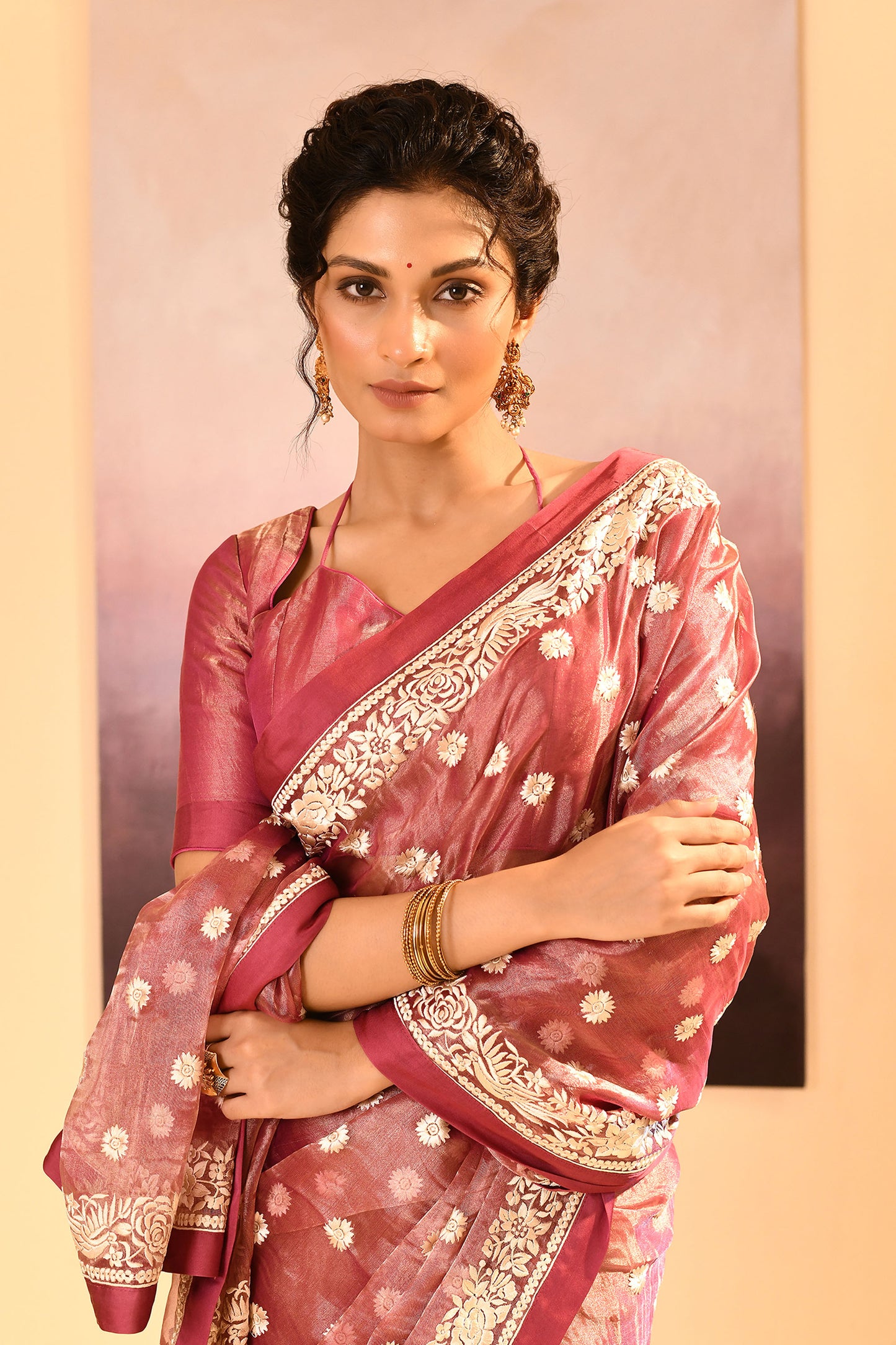 Rosewood Pink Tissue Embroidered Saree