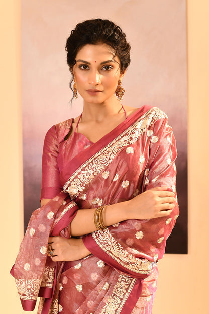 Rosewood Pink Tissue Embroidered Saree