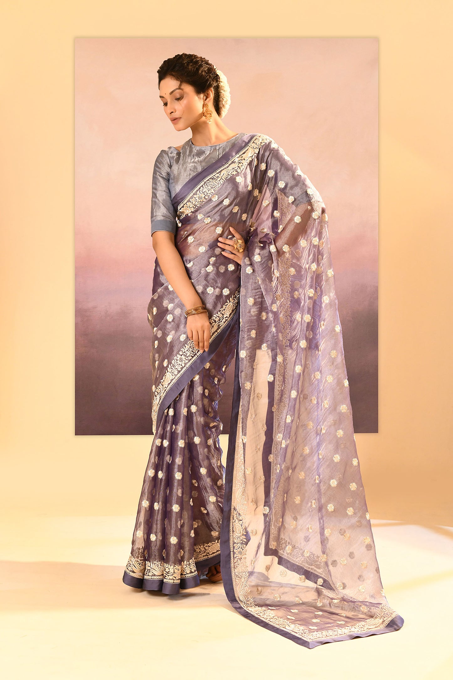 Metallic Silver Blue Tissue Embroidered Saree