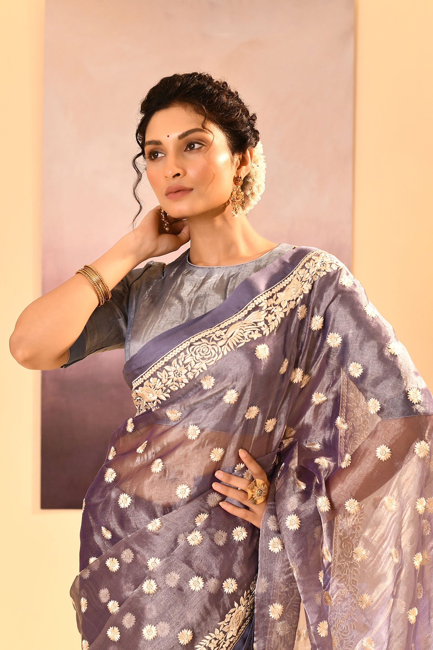 Metallic Silver Blue Tissue Embroidered Saree