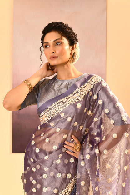 Metallic Silver Blue Tissue Embroidered Saree