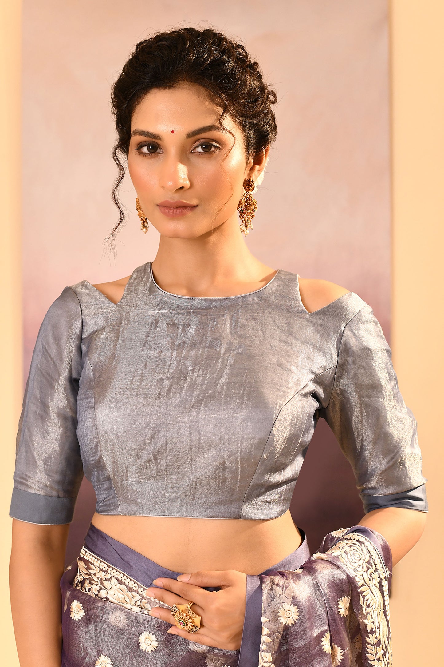 Metallic Silver Blue Tissue Embroidered Saree