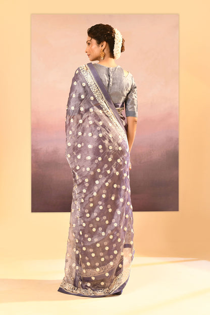 Metallic Silver Blue Tissue Embroidered Saree