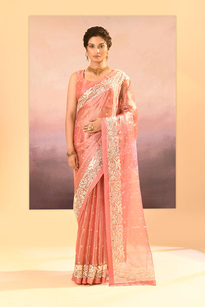 Soft Peach Tissue Embroidered Saree