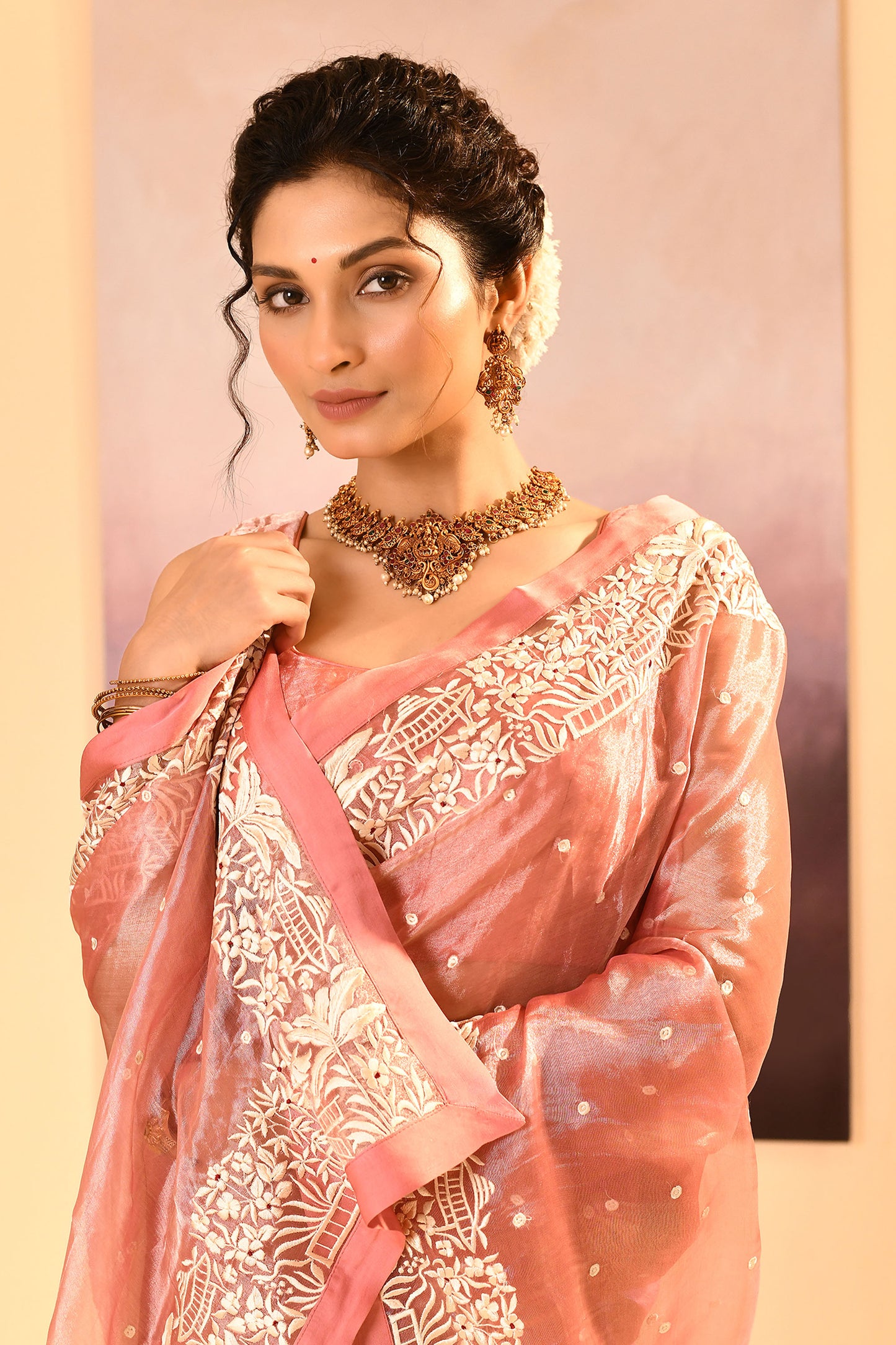 Soft Peach Tissue Embroidered Saree