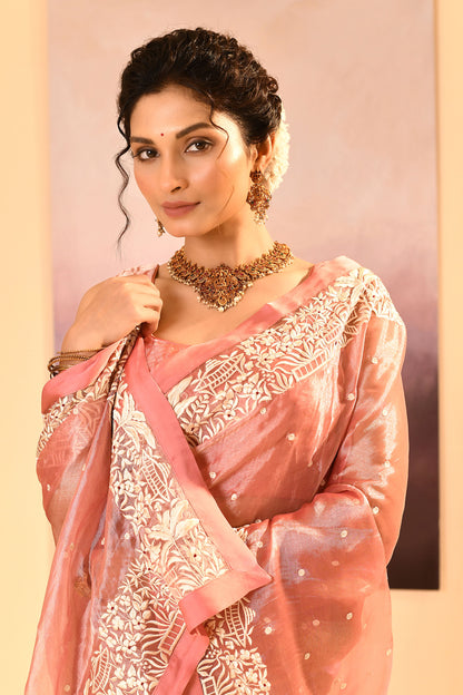 Soft Peach Tissue Embroidered Saree