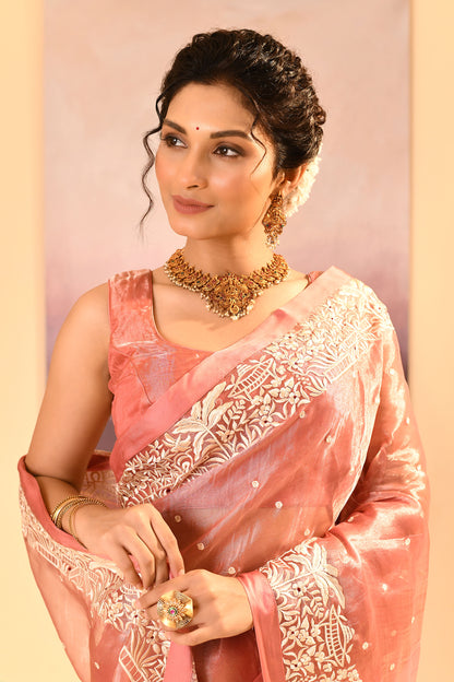 Soft Peach Tissue Embroidered Saree