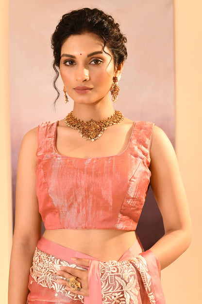 Soft Peach Tissue Embroidered Saree