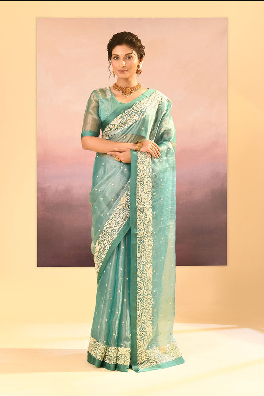 Mint Green Tissue Embroidered Saree