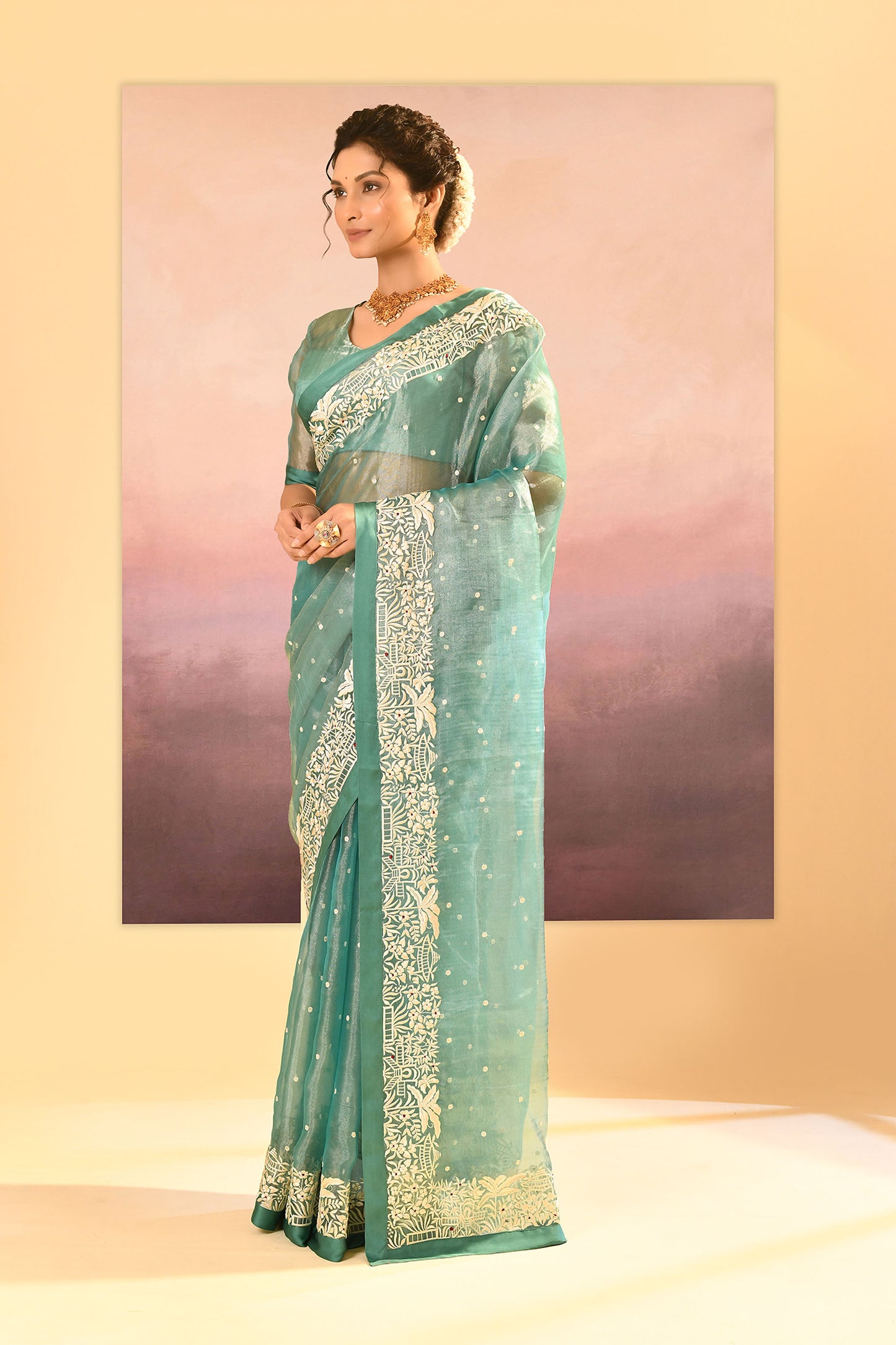 Mint Green Tissue Embroidered Saree