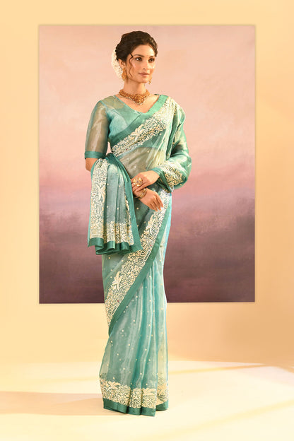 Mint Green Tissue Embroidered Saree