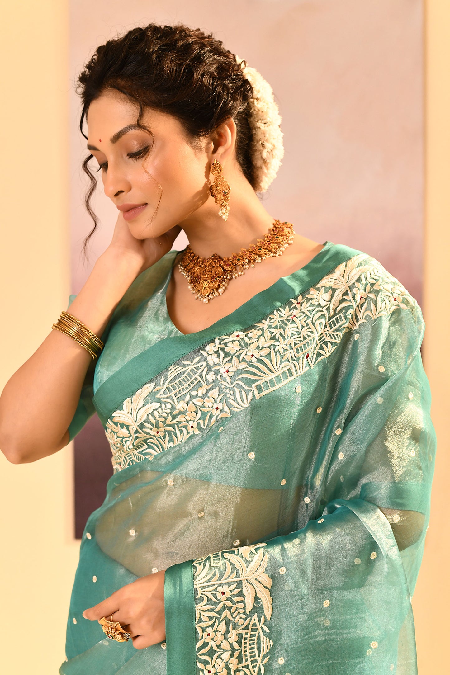 Mint Green Tissue Embroidered Saree
