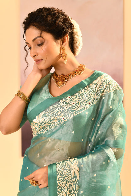 Mint Green Tissue Embroidered Saree