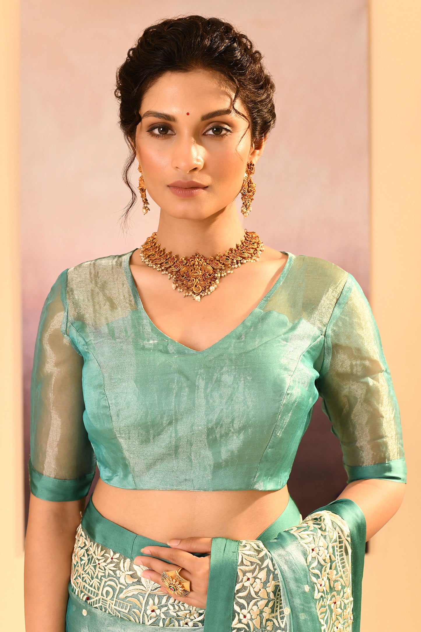 Mint Green Tissue Embroidered Saree