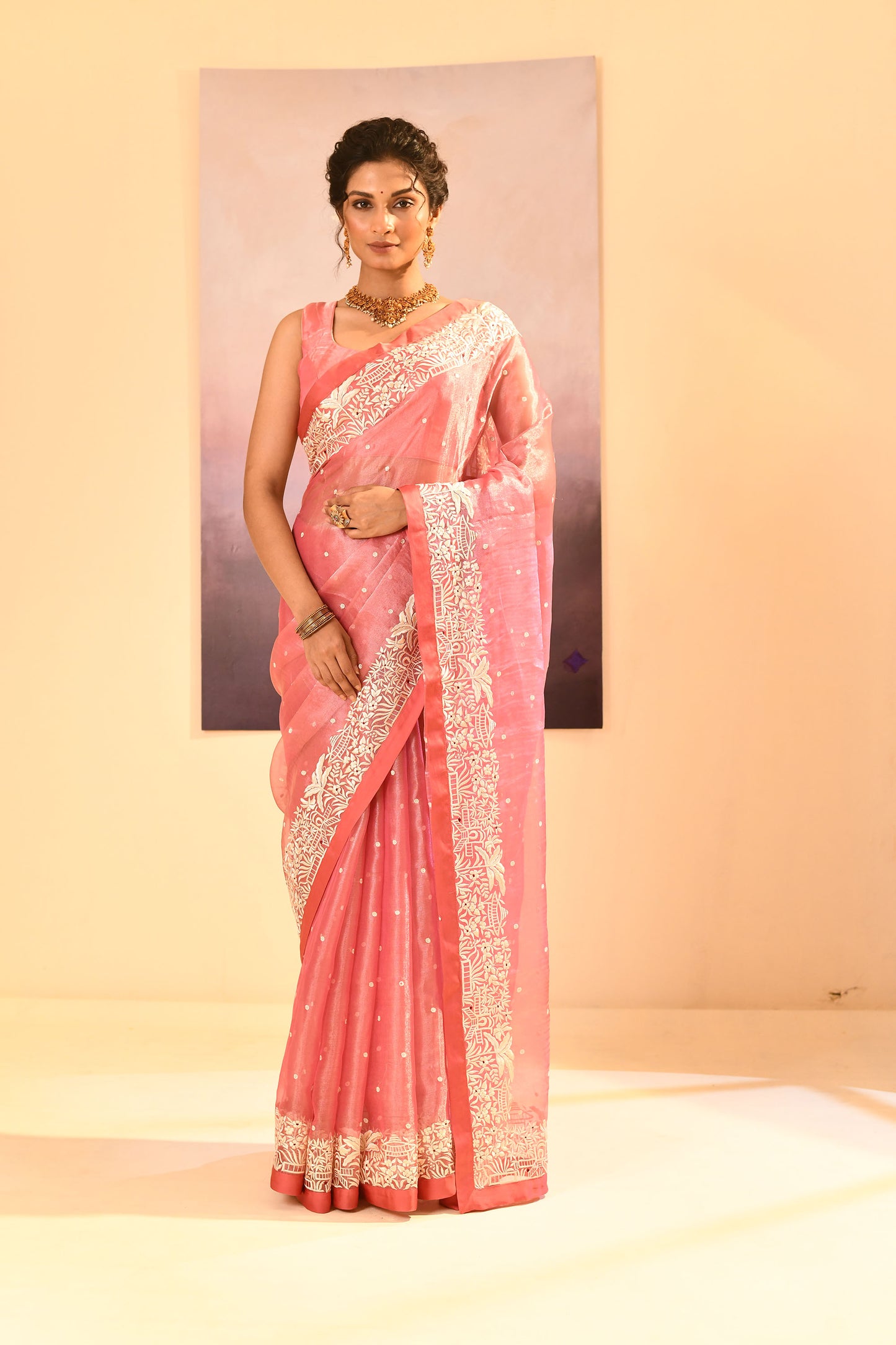 Soft Pink Tissue Embroidered Saree