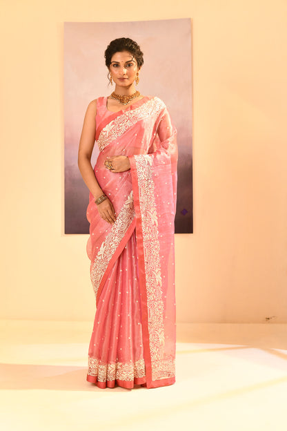 Soft Pink Tissue Embroidered Saree