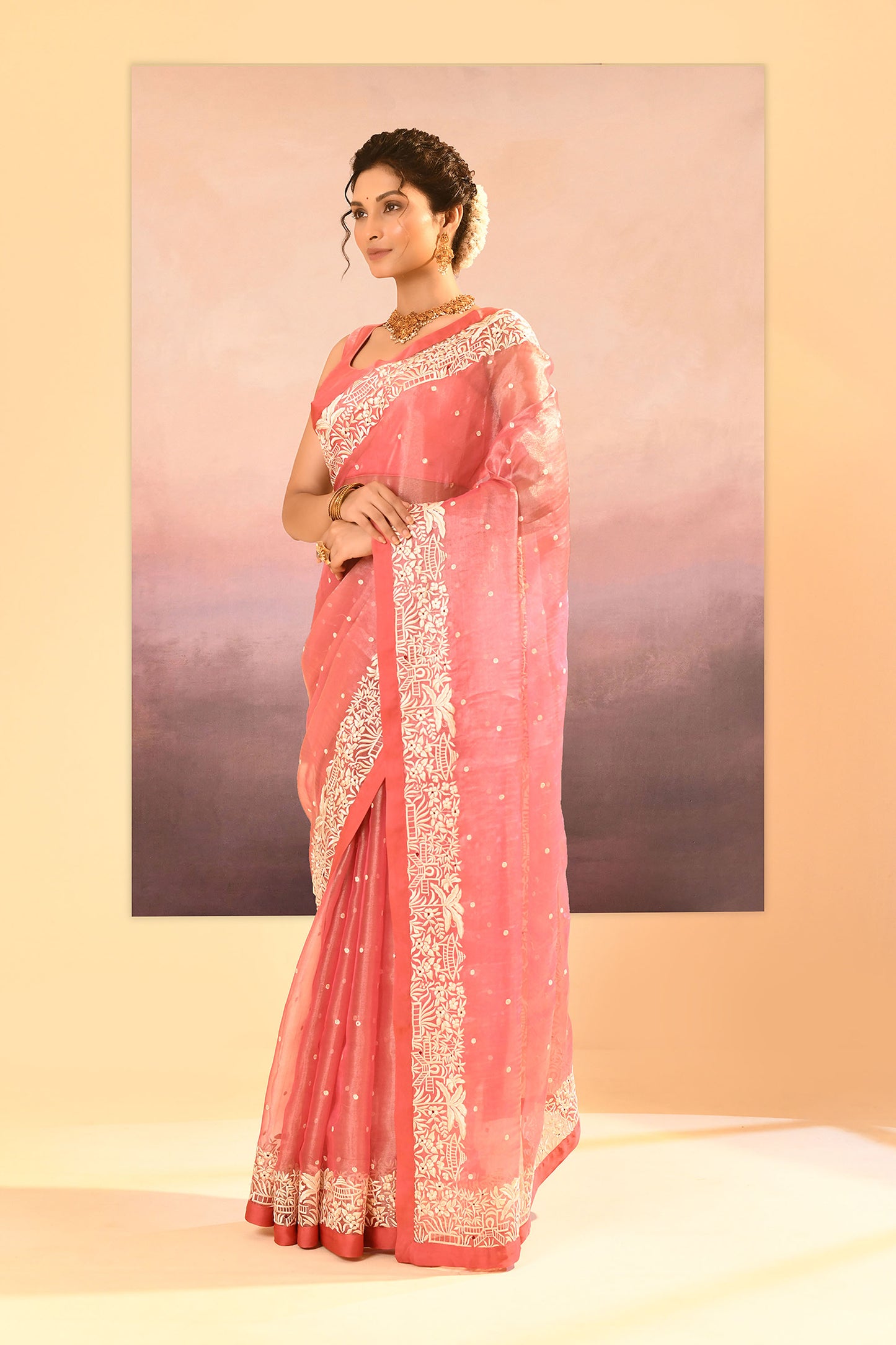 Soft Pink Tissue Embroidered Saree
