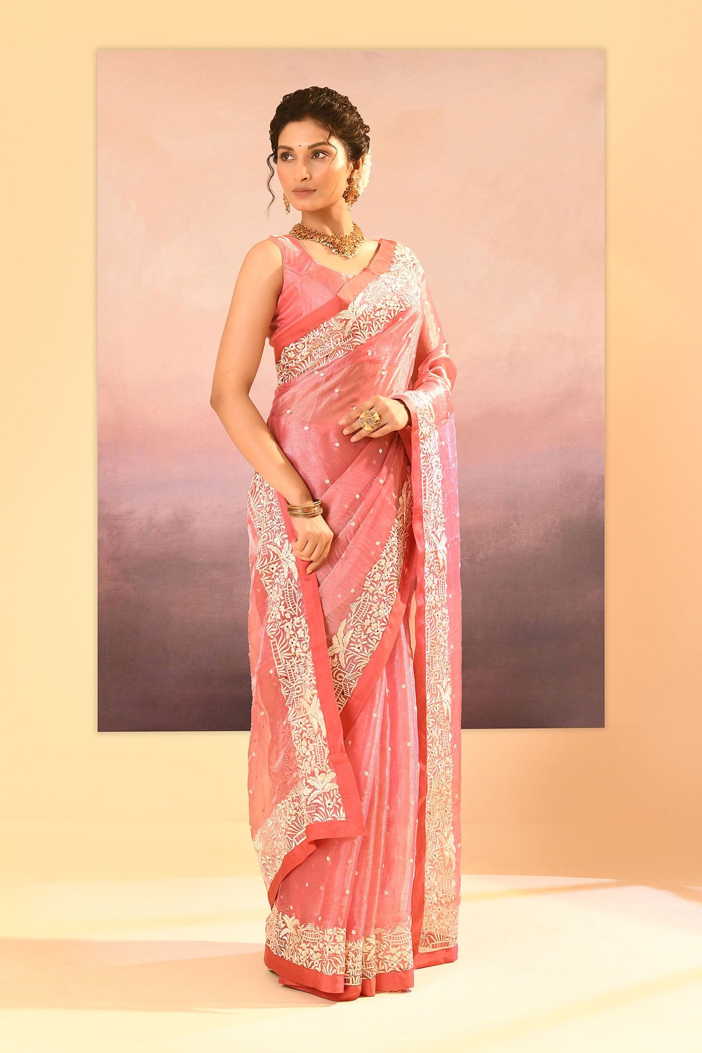 Soft Pink Tissue Embroidered Saree