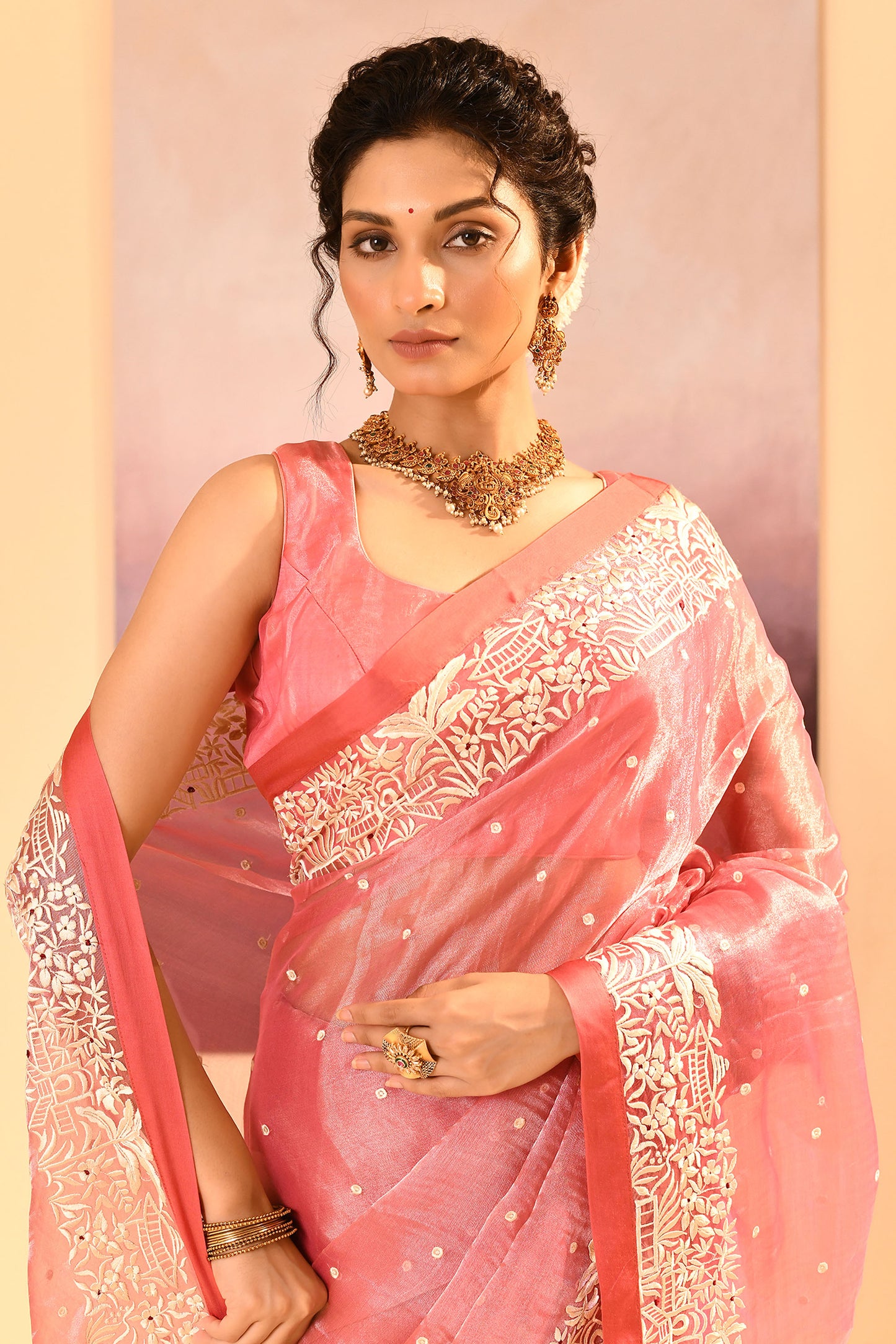 Soft Pink Tissue Embroidered Saree