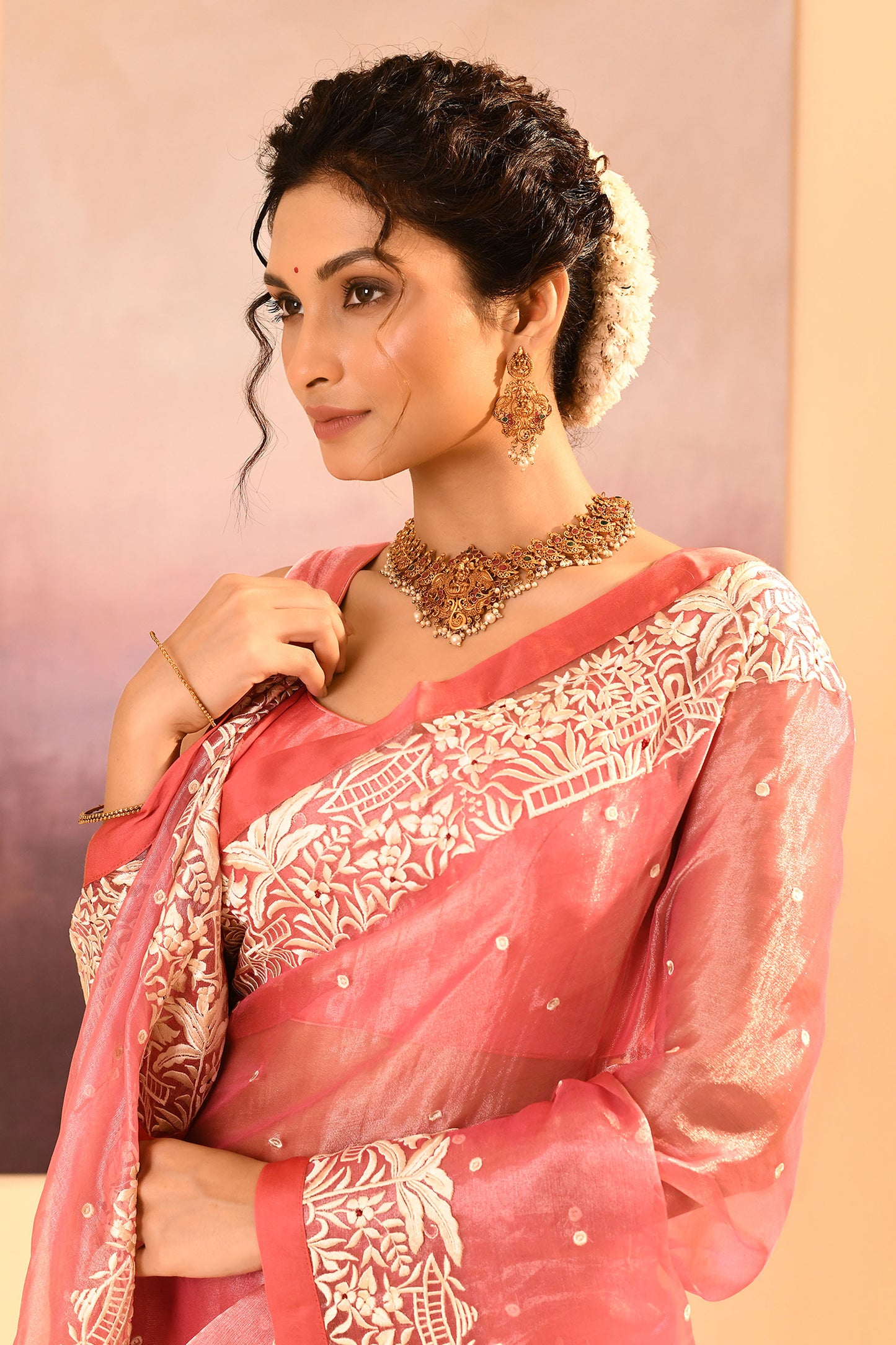 Soft Pink Tissue Embroidered Saree