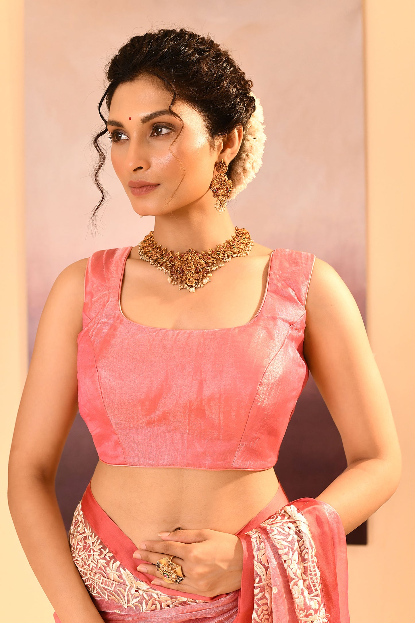 Soft Pink Tissue Embroidered Saree