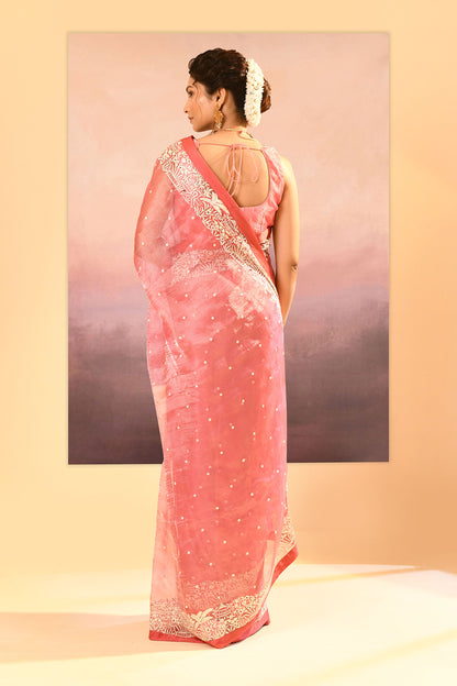 Soft Pink Tissue Embroidered Saree