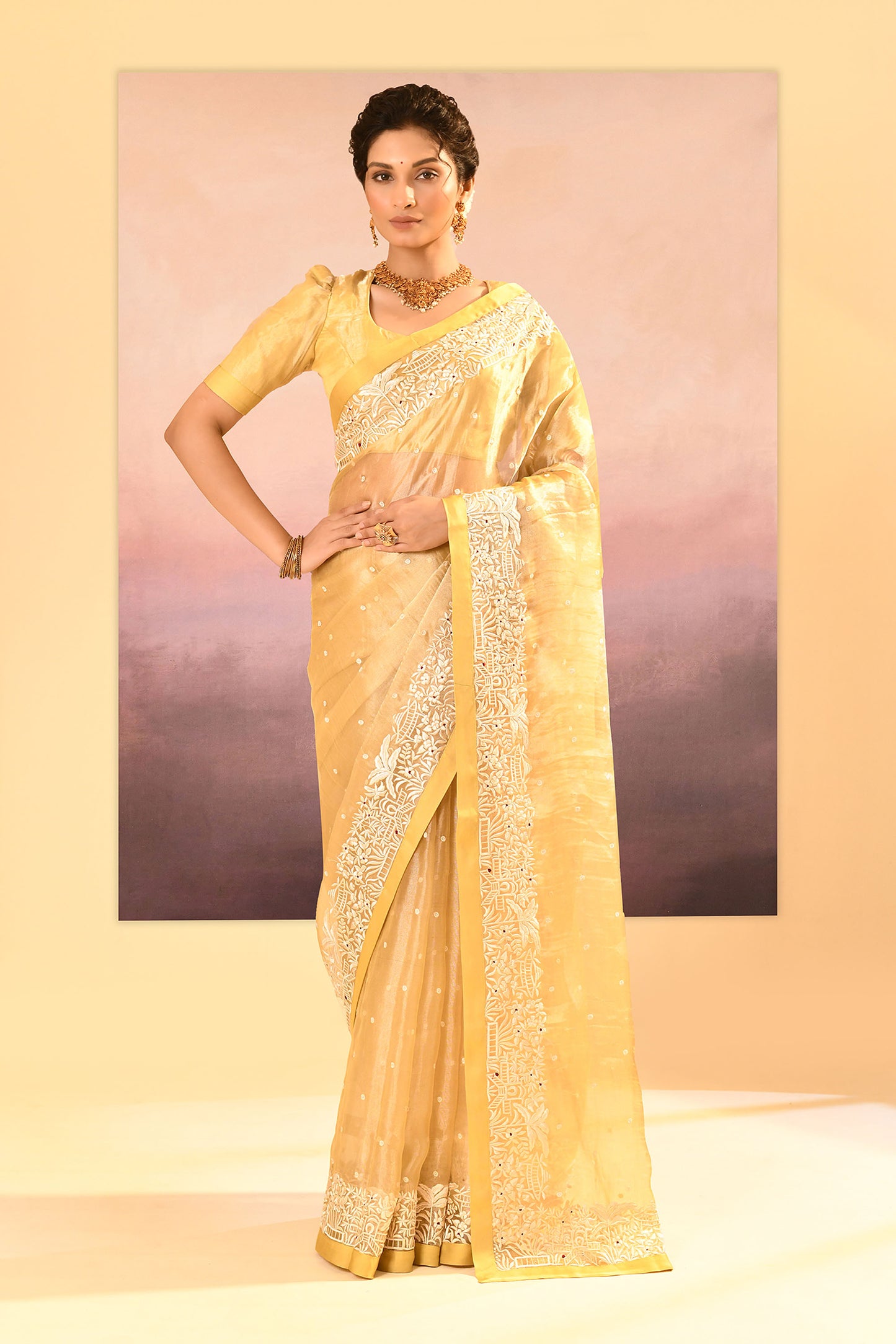 Soft Yellow Tissue Embroidered Saree